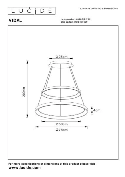 Lucide Premium VIDAL - Hanglamp - Ø 78 cm - LED Dimb. - 1x92W 2700K - Mat Goud / Messing - technisch